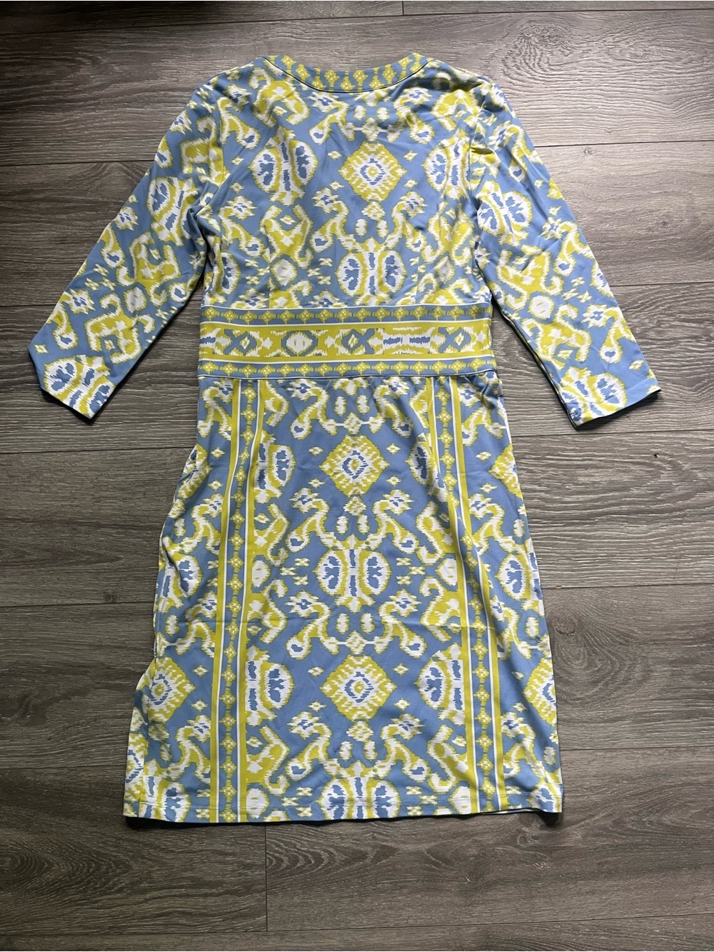 J. McLaughlin Blue Yellow Catalina Cloth Geometric Ikat Print Dress Size M Work - Picture 7 of 8